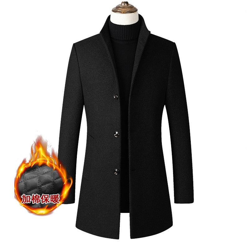 New Brand Autumn Winter 30% Wool Men Thick Coats Stand Collar Male Fashion Wool Blend Jackets Outerwear Smart Casual Trench