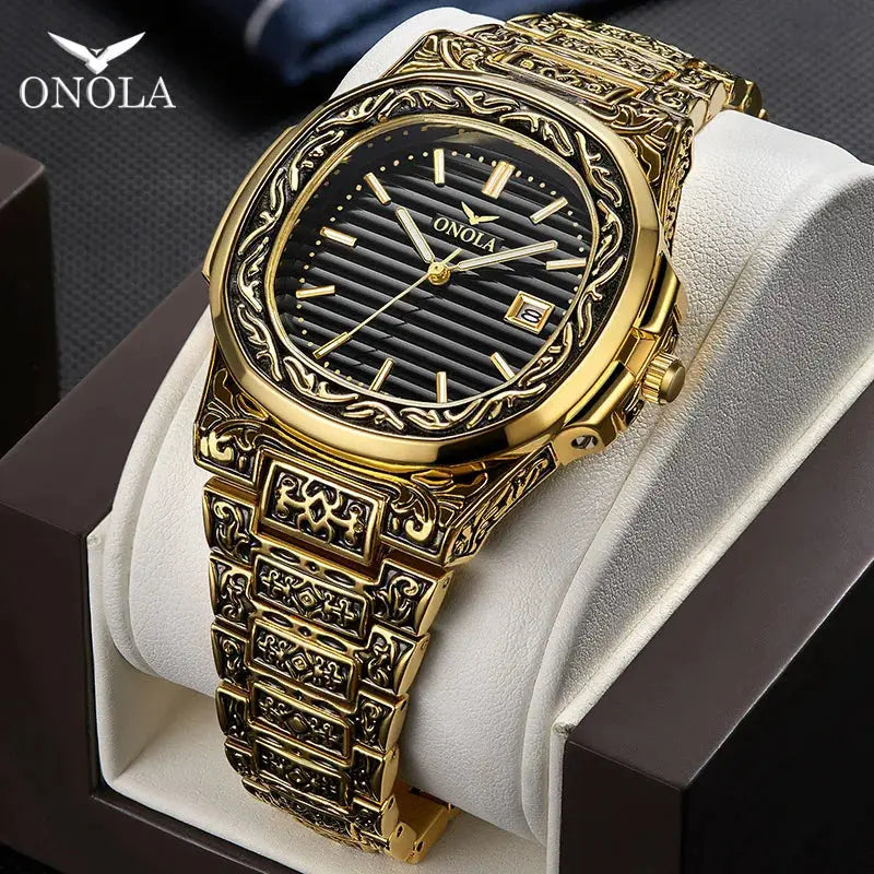 Fashion quartz watch men Brand ONOLA luxury Retro golden stainless steel watch men gold mens watch reloj hombre eprolo