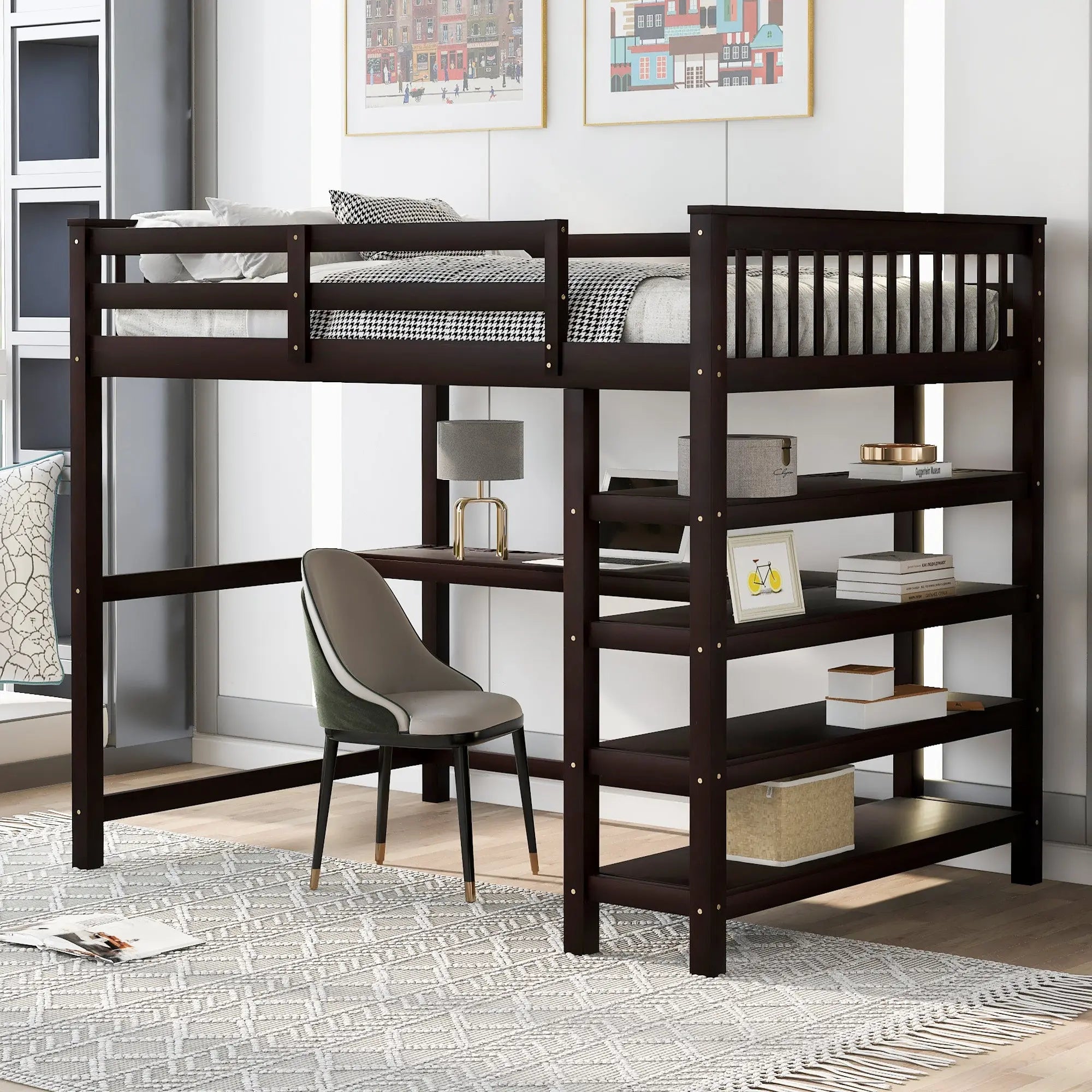 Full Size Loft Bed with Storage Shelves and Under-bed Desk  Espresso eprolo