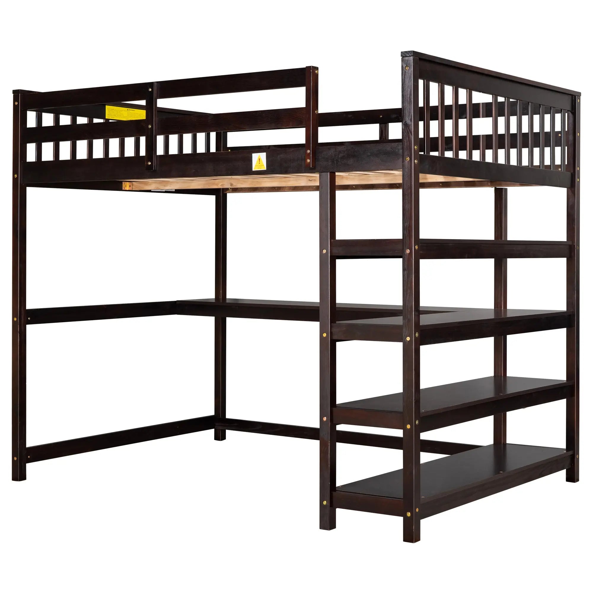 Full Size Loft Bed with Storage Shelves and Under-bed Desk  Espresso eprolo