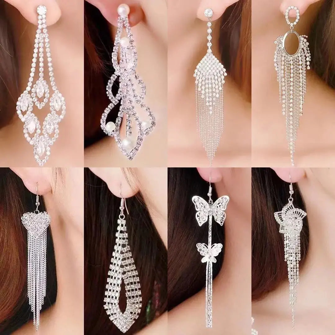 Korean Style Fashion Elegant Rhinestone Tassel Earrings Geometric Sweet Slim Tassel Earrings My store 1