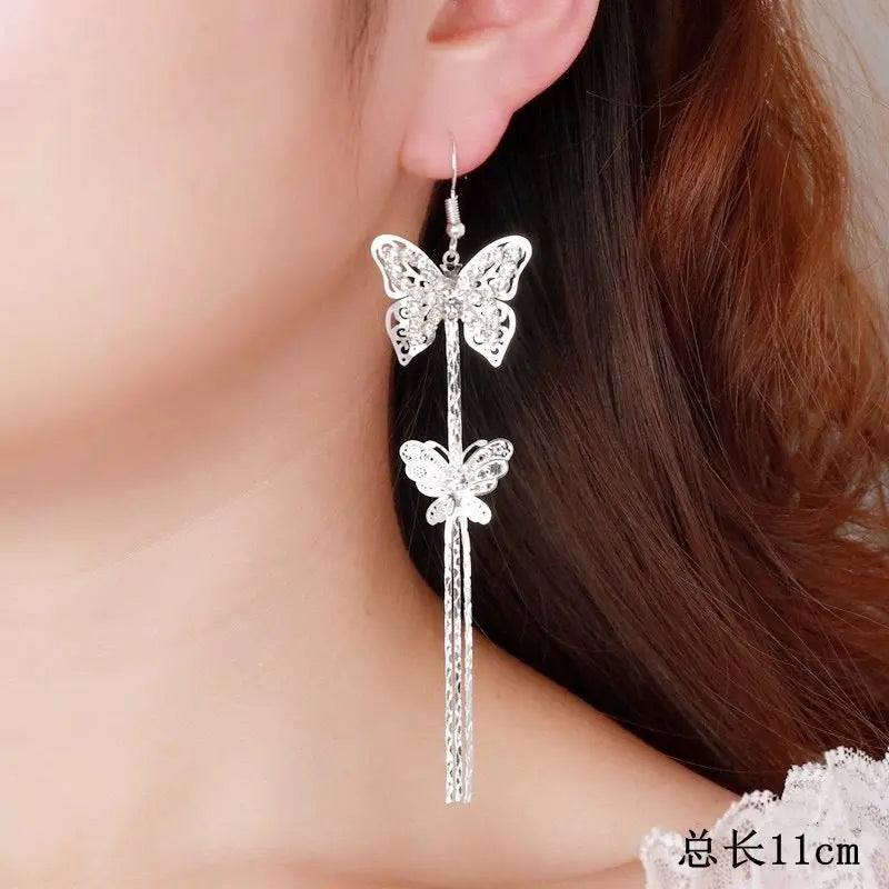 Korean Style Fashion Elegant Rhinestone Tassel Earrings Geometric Sweet Slim Tassel Earrings My store 1