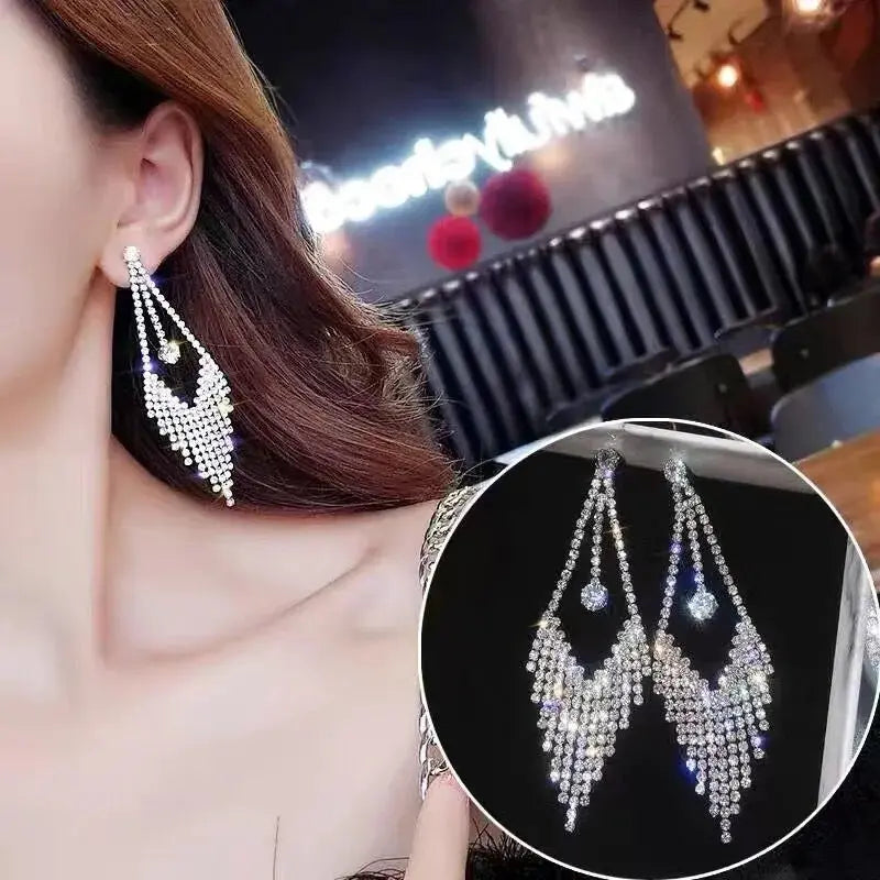 Korean Style Fashion Elegant Rhinestone Tassel Earrings Geometric Sweet Slim Tassel Earrings My store 1