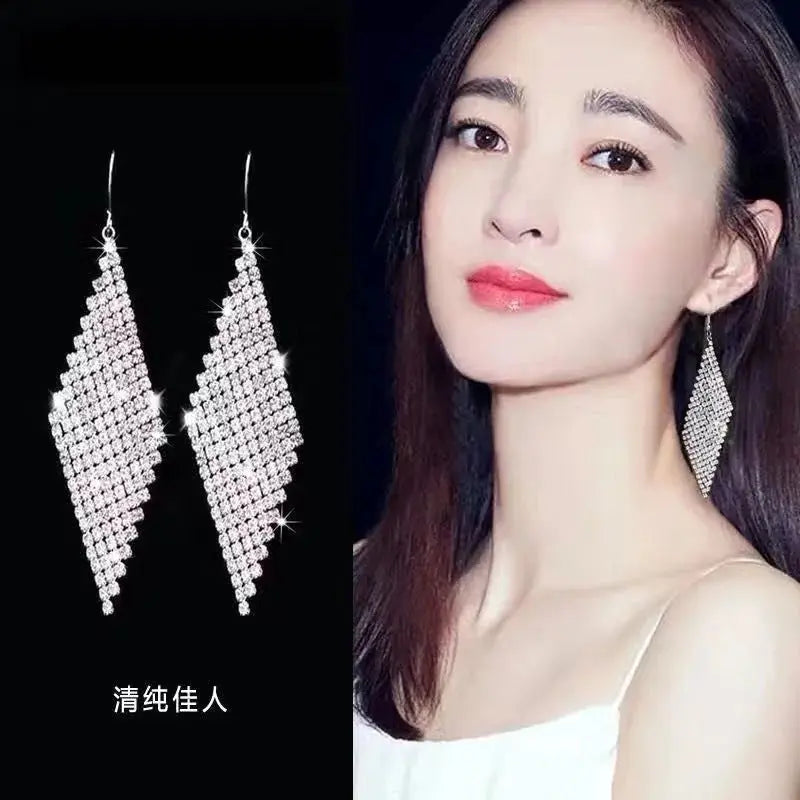 Korean Style Fashion Elegant Rhinestone Tassel Earrings Geometric Sweet Slim Tassel Earrings My store 1