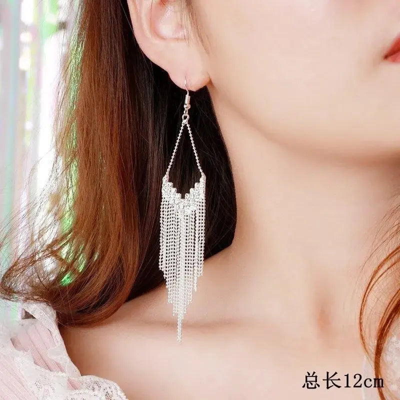 Korean Style Fashion Elegant Rhinestone Tassel Earrings Geometric Sweet Slim Tassel Earrings My store 1