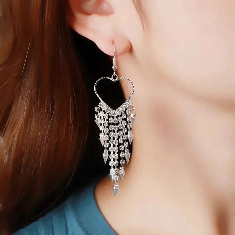 Korean Style Fashion Elegant Rhinestone Tassel Earrings Geometric Sweet Slim Tassel Earrings My store 1