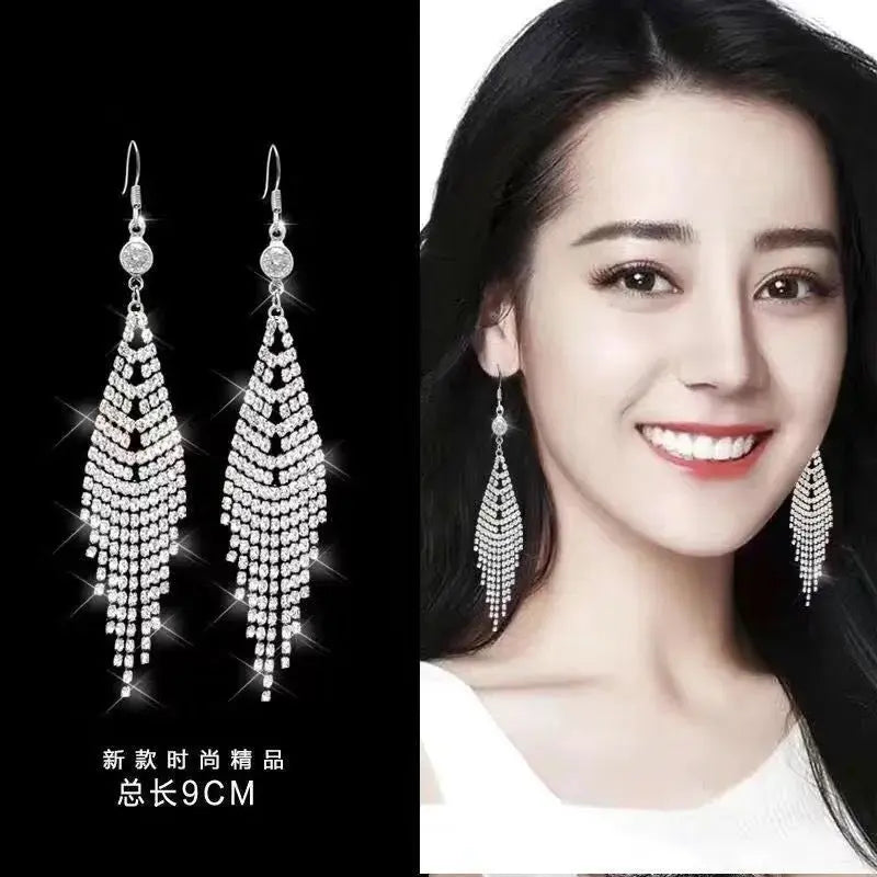 Korean Style Fashion Elegant Rhinestone Tassel Earrings Geometric Sweet Slim Tassel Earrings My store 1