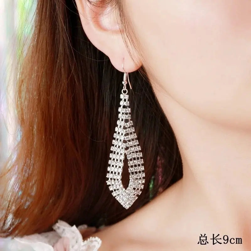 Korean Style Fashion Elegant Rhinestone Tassel Earrings Geometric Sweet Slim Tassel Earrings My store 1