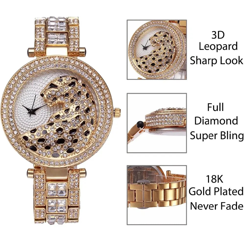 MISSFOX V227  Women Quartz Watch Fashion Bling Casual Ladies Watch Female Quartz Gold Watch Crystal Diamond Leopard For Women Clock eprolo