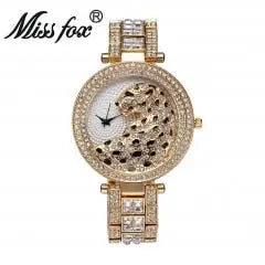 MISSFOX V227  Women Quartz Watch Fashion Bling Casual Ladies Watch Female Quartz Gold Watch Crystal Diamond Leopard For Women Clock eprolo