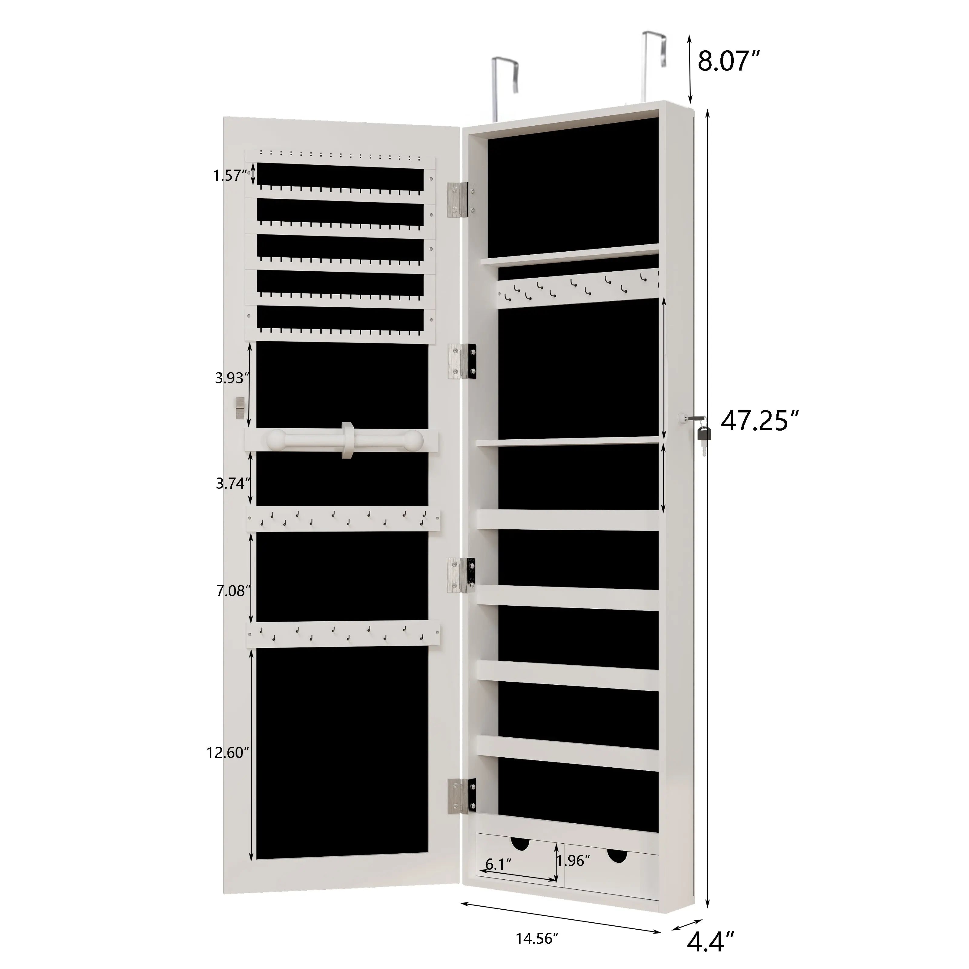 Mirror jewelry cabinet, 47.2-inch large capacity lockable jewelry organizer, wall mounted mirror, with white jewelry storage eprolo