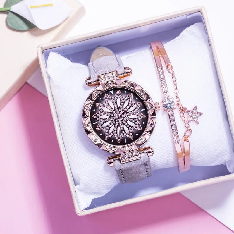 New Fashion Leather Strap Watch Women Quartz Watch Romantic Starry Sky Wrist Watch Bracelet Set for Women Gift Wrist Accessories eprolo