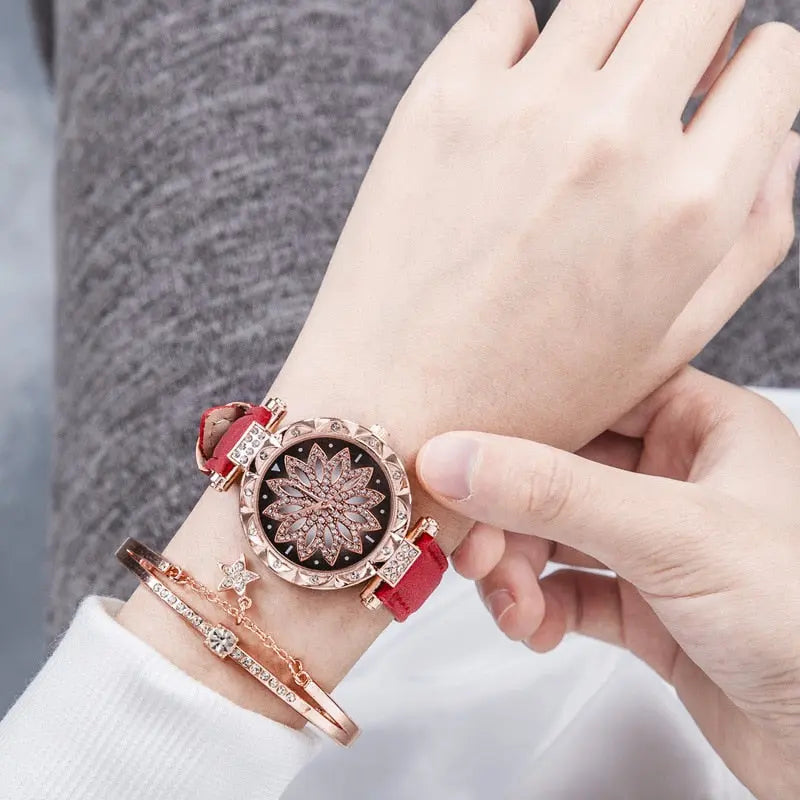 New Fashion Leather Strap Watch Women Quartz Watch Romantic Starry Sky Wrist Watch Bracelet Set for Women Gift Wrist Accessories eprolo