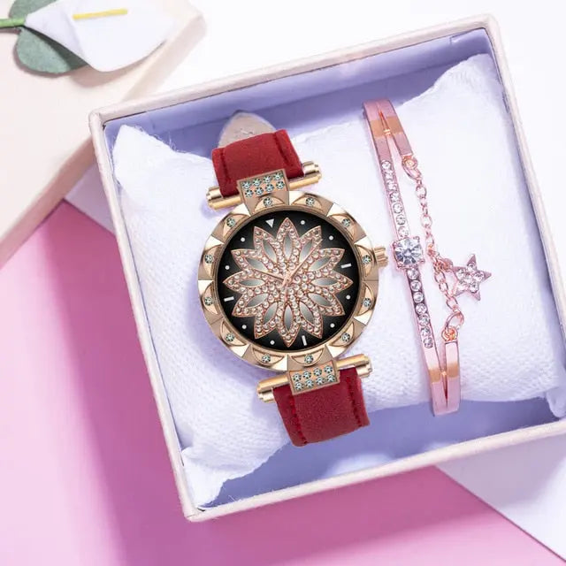 New Fashion Leather Strap Watch Women Quartz Watch Romantic Starry Sky Wrist Watch Bracelet Set for Women Gift Wrist Accessories eprolo