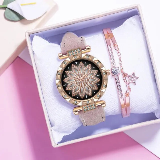 New Fashion Leather Strap Watch Women Quartz Watch Romantic Starry Sky Wrist Watch Bracelet Set for Women Gift Wrist Accessories eprolo