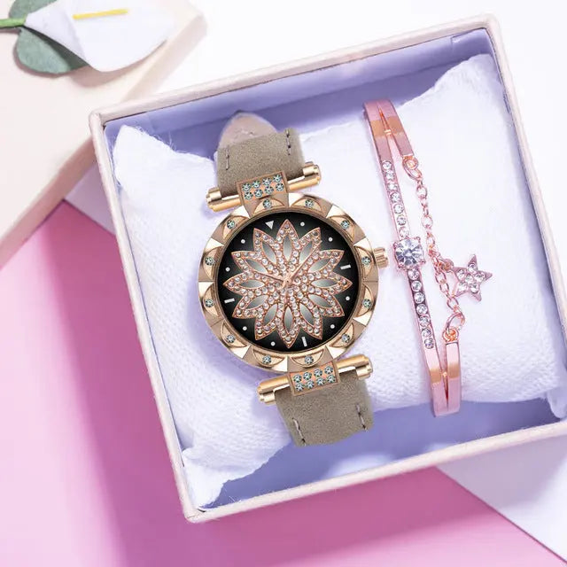 New Fashion Leather Strap Watch Women Quartz Watch Romantic Starry Sky Wrist Watch Bracelet Set for Women Gift Wrist Accessories eprolo