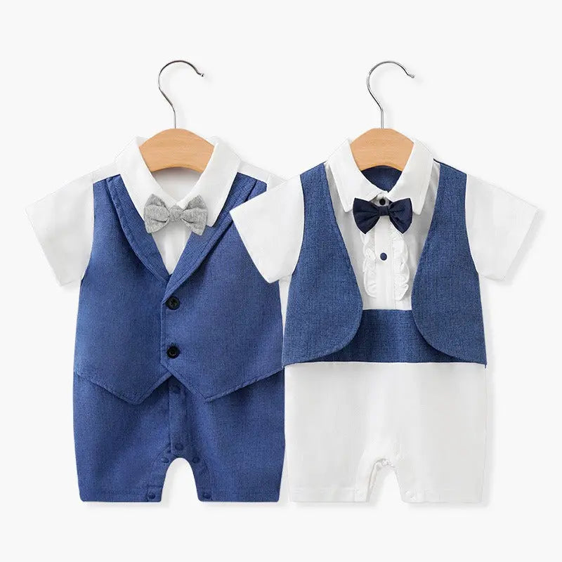 Newborn Baby Jumpsuit British Style Short Sleeved Male Baby Gentleman One Year Old Dress Baby Jumpsuit eprolo