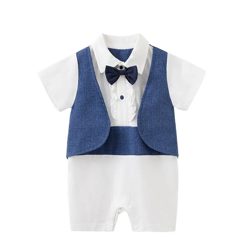 Newborn Baby Jumpsuit British Style Short Sleeved Male Baby Gentleman One Year Old Dress Baby Jumpsuit eprolo