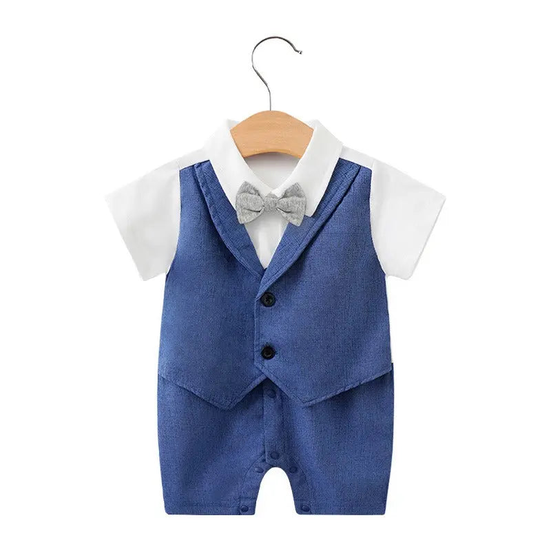 Newborn Baby Jumpsuit British Style Short Sleeved Male Baby Gentleman One Year Old Dress Baby Jumpsuit eprolo