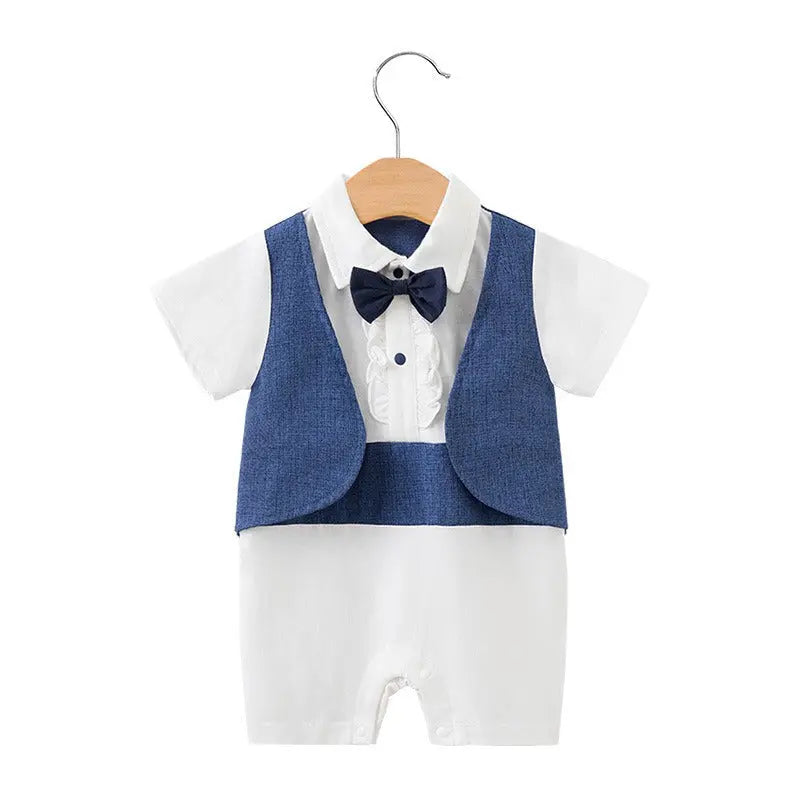 Newborn Baby Jumpsuit British Style Short Sleeved Male Baby Gentleman One Year Old Dress Baby Jumpsuit eprolo