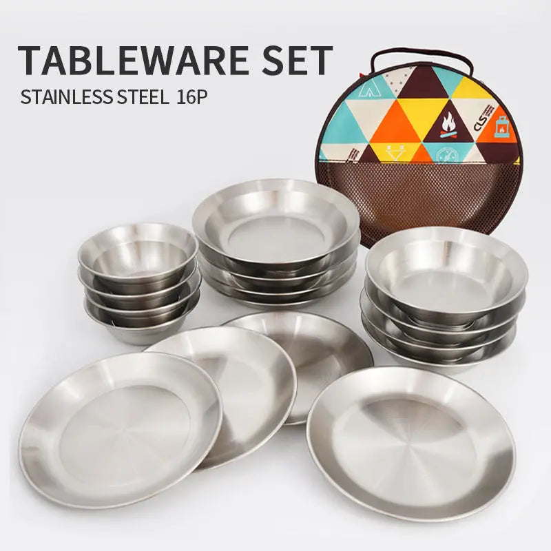 Outdoor Stainless Steel Dinner Plate Bowl 16-Piece Set Of Self-Driving Tour Portable Camping Barbecue Plate Household Soup Pot Plate eprolo