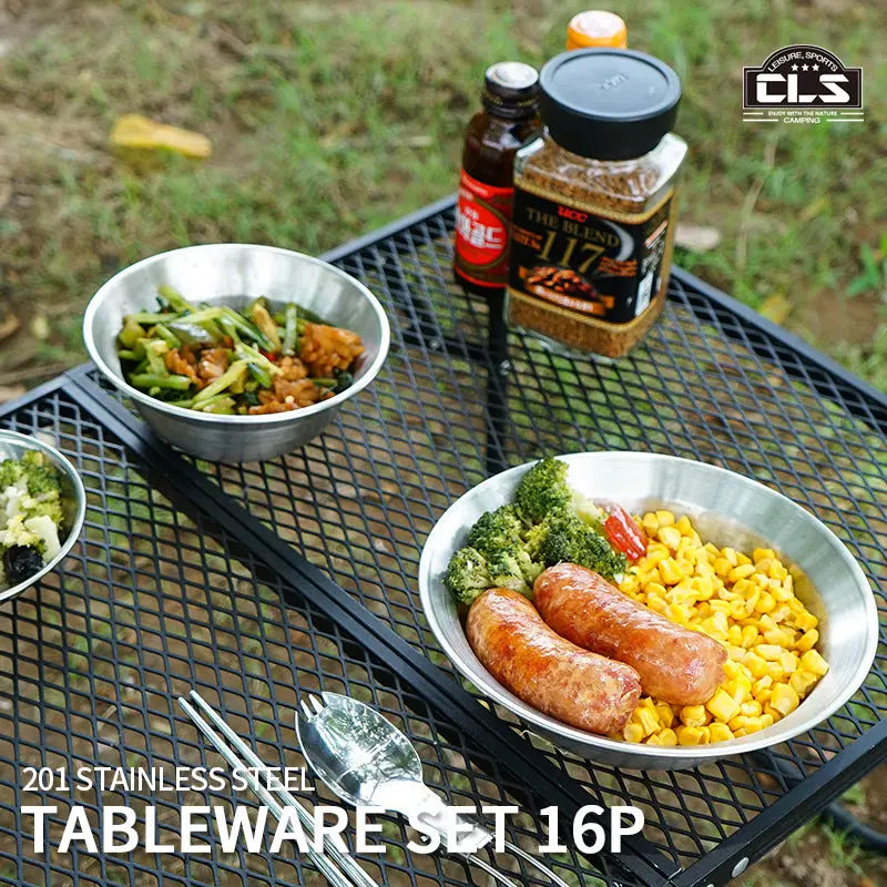 Outdoor Stainless Steel Dinner Plate Bowl 16-Piece Set Of Self-Driving Tour Portable Camping Barbecue Plate Household Soup Pot Plate eprolo