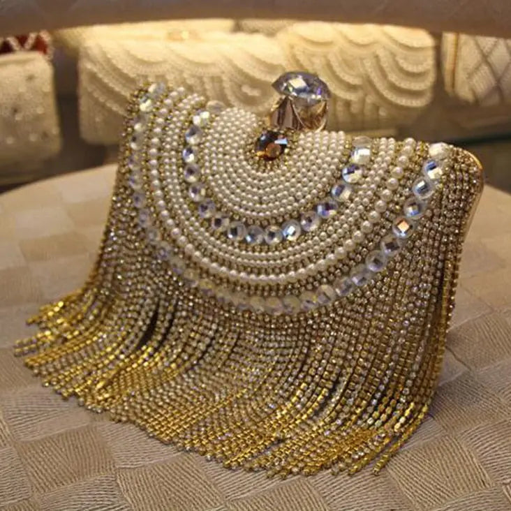 Rhinestones Tassel Clutch Diamonds Beaded Metal Evening Bags Chain Shoulder Messenger Purse Evening Bags For Wedding Bag eprolo