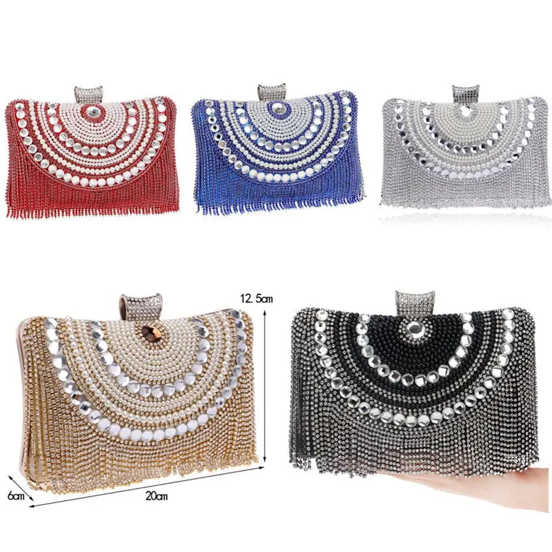 Rhinestones Tassel Clutch Diamonds Beaded Metal Evening Bags Chain Shoulder Messenger Purse Evening Bags For Wedding Bag eprolo