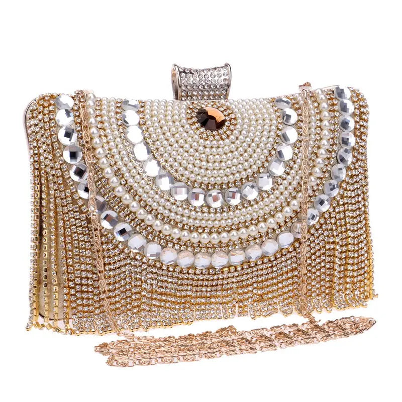 Rhinestones Tassel Clutch Diamonds Beaded Metal Evening Bags Chain Shoulder Messenger Purse Evening Bags For Wedding Bag eprolo