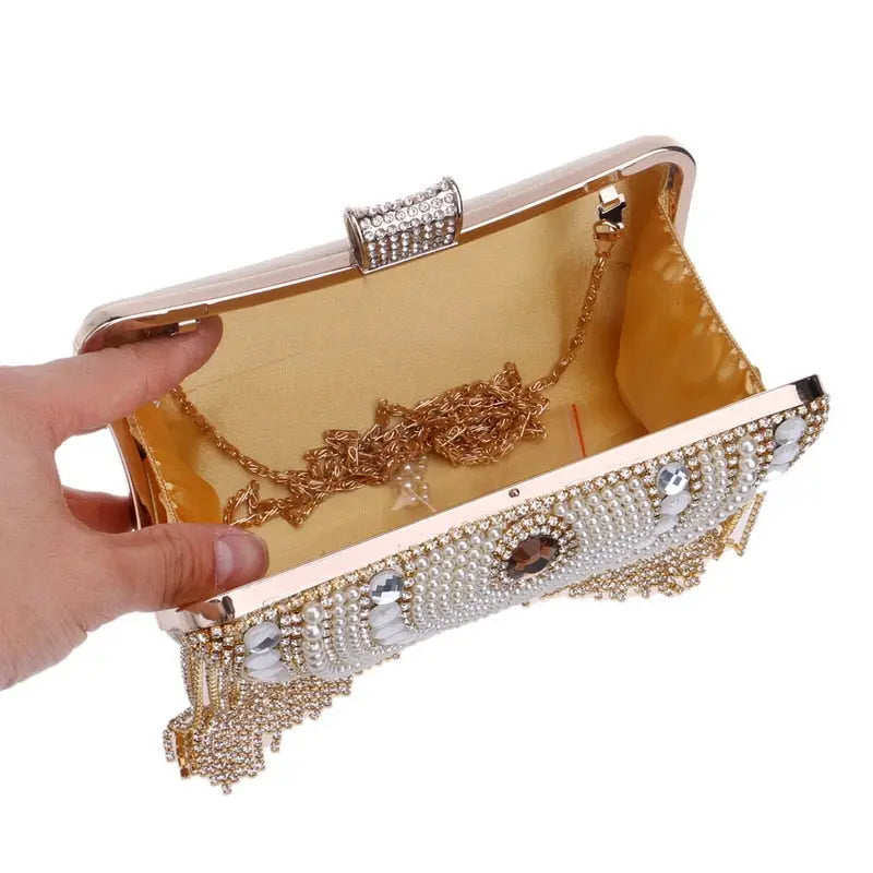 Rhinestones Tassel Clutch Diamonds Beaded Metal Evening Bags Chain Shoulder Messenger Purse Evening Bags For Wedding Bag eprolo