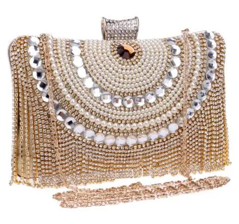 Rhinestones Tassel Clutch Diamonds Beaded Metal Evening Bags Chain Shoulder Messenger Purse Evening Bags For Wedding Bag eprolo