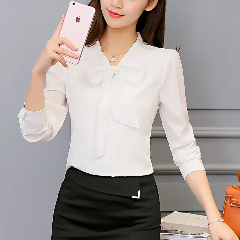 Summer Blouse Women Long Sleeve Shirts Fashion Leisure Chiffon Shirt Bow Office Ladies Pink White Tops eprolo