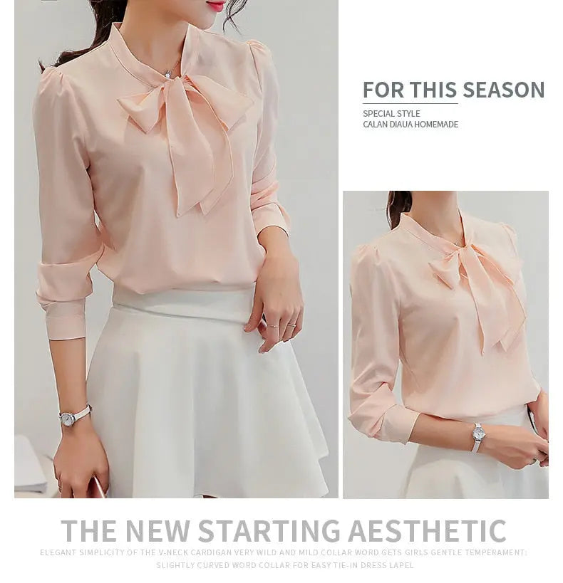 Summer Blouse Women Long Sleeve Shirts Fashion Leisure Chiffon Shirt Bow Office Ladies Pink White Tops eprolo