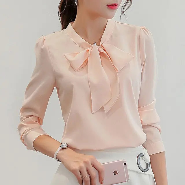 Summer Blouse Women Long Sleeve Shirts Fashion Leisure Chiffon Shirt Bow Office Ladies Pink White Tops eprolo