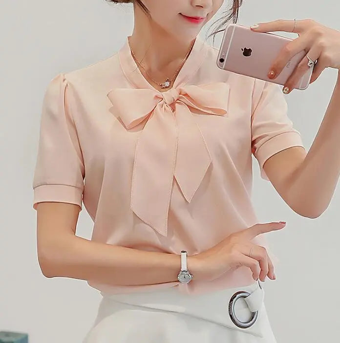 Summer Blouse Women Long Sleeve Shirts Fashion Leisure Chiffon Shirt Bow Office Ladies Pink White Tops eprolo