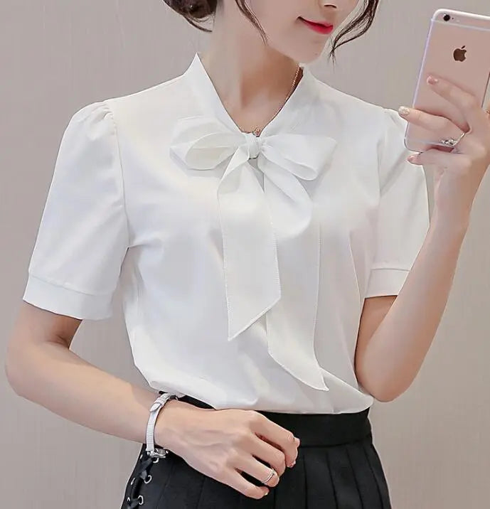 Summer Blouse Women Long Sleeve Shirts Fashion Leisure Chiffon Shirt Bow Office Ladies Pink White Tops eprolo